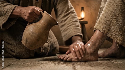 Jesus washing disciple foot in ancient room. Man pouring water from jar to clean dusty feet of another person. Biblical scene of service and humility act religio