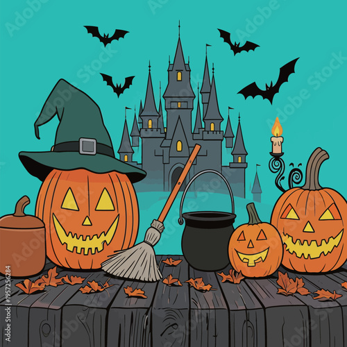 Halloween pumpkins and castle with bats in the background during night time with broom and cauldron on wooden table