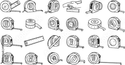 Collection of Hand-Drawn Tape Measures and Rulers - Outline Sketch Vector Illustrations of Measuring Tools for Construction, DIY, and Education