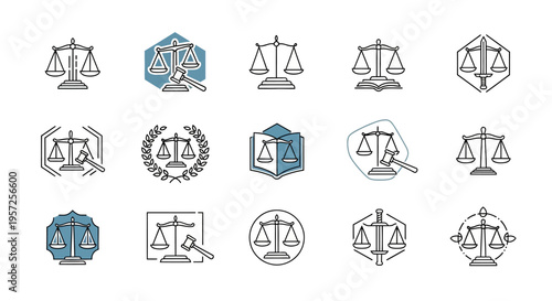 Justice Scales and Gavel Icons Set - Law, Legal, Court, Judgement, Balance Symbols