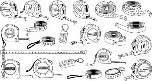 Hand-drawn sketch illustration featuring a collection of various measuring tapes, flexible rulers, and other measurement tools.