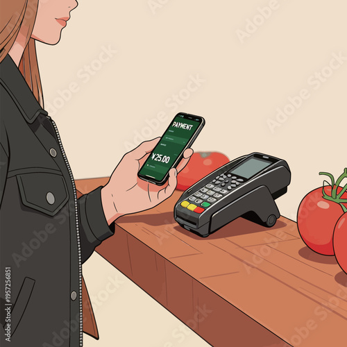 Customer makes contactless payment for groceries at a store during the day with a smartphone and card reader on the counter