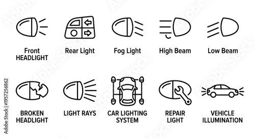 Collection of black line icons depicting various car lighting elements, including headlights, fog lights, rear lights, and repair lights, against a white background.