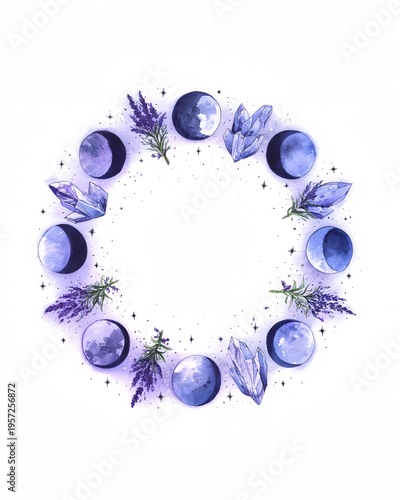 Watercolor moon phases circle with lavender sprigs and crystals