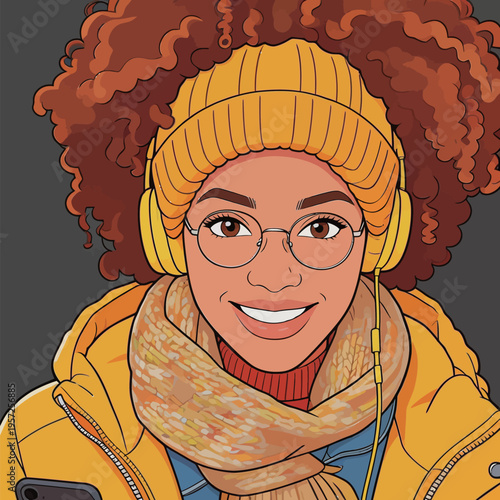 Young woman with curly hair wearing headphones and a yellow beanie while smiling in a cozy setting during winter season
