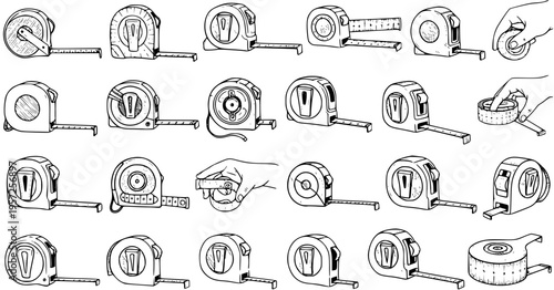 Hand-drawn collection of tape measures. Variety of sketch measuring tools, icons, and illustrations in diverse perspectives.