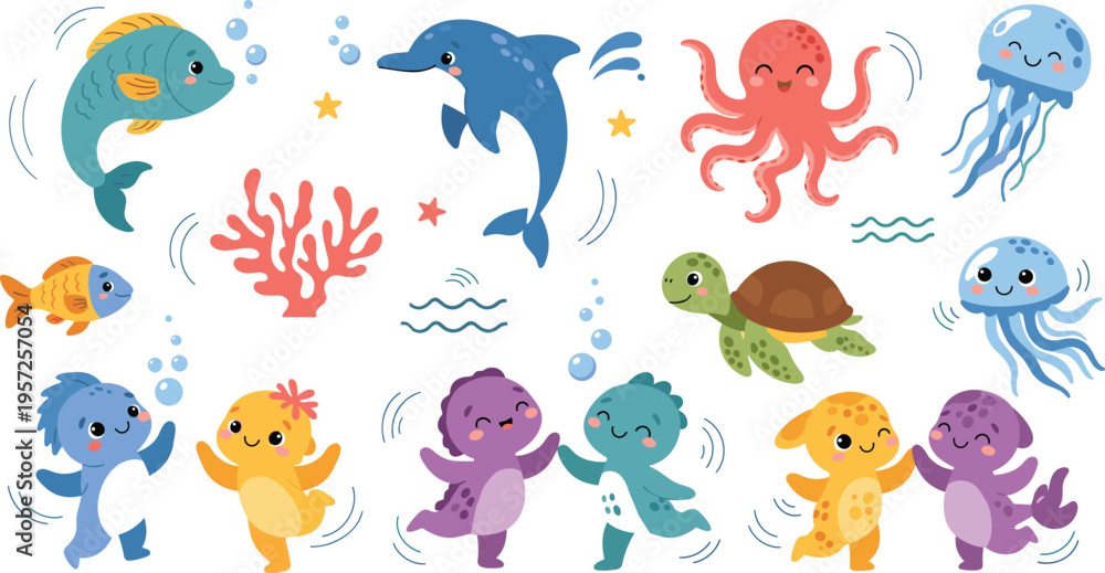 Fototapeta premium Cute cartoon sea animals set with dolphin octopus turtle jellyfish fish and playful underwater characters vector illustration collection