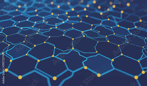 Network of blue hexagons with yellow points connects in a digital space during a technological design