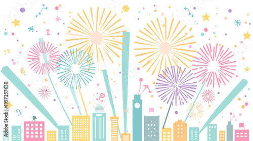 A cheerful and simplistic illustration of a city, perfect for backgrounds, websites, or branding materials. Its clean style and pastel colors create a