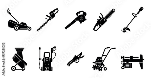 A collection of black silhouette icons of various garden equipment, including a lawnmower, chainsaw, and trimmer, against a white background.