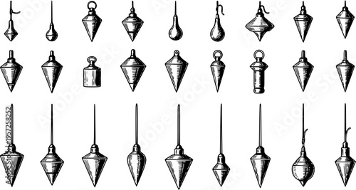 Plumb Bob Collection: Vintage Style Hand-Drawn Vector Set of Plummets for Leveling and Building