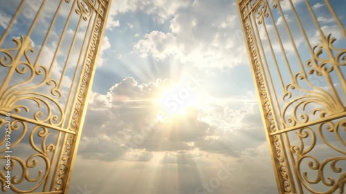 Golden gates opening to reveal light in heaven. Passage into afterlife with divine rays of sun among clouds. Surreal religious concept of entryway to paradise.