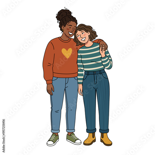 Smiling interracial lesbian couple hugging lovingly wearing orange heart sweater and striped shirt