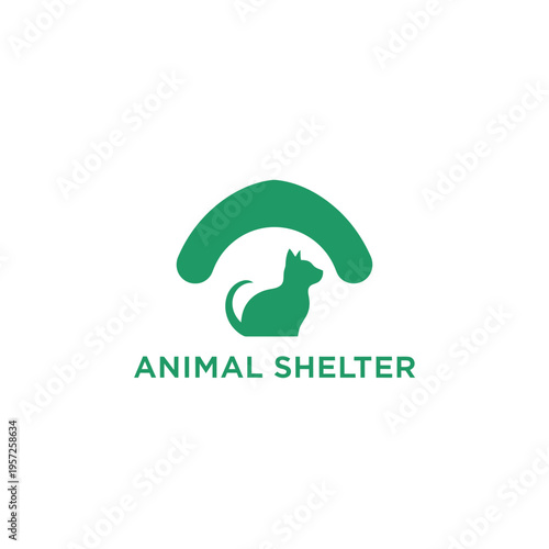 Animal shelter logo with green cat silhouette sitting under a curved protective roof icon