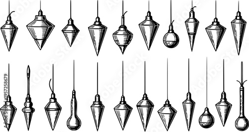 Collection of Plumb Bobs: Hand-Drawn Vintage Vertical Line Tools for Construction, Architecture, and Surveying