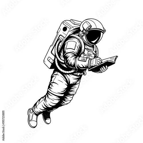 Astronaut in Spacesuit Floating and Writing in Notebook Illustration.