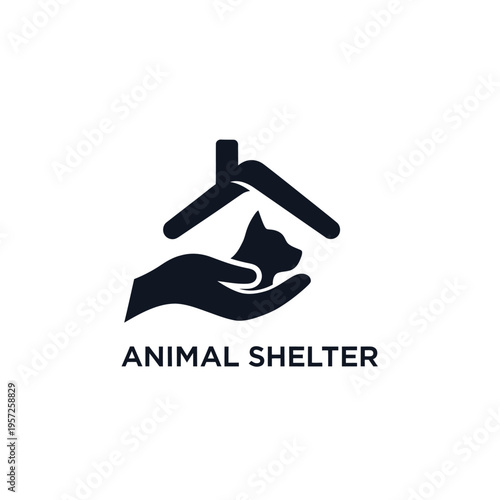 Pet shelter icon with house and dog silhouette in dark blue color on transparent background