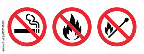 no smoking and no open flame sign set, red prohibition symbols with cigarette and fire match icons, safety warning signs, hazard prevention and restricted area concept, vector illustration isolated