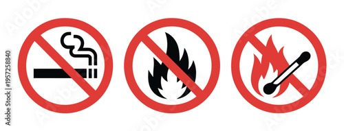 no smoking and no fire icons collection, red prohibition circle symbols, cigarette and open flame warning signs, safety regulation and hazard prevention concept, clean vector design isolated on light 