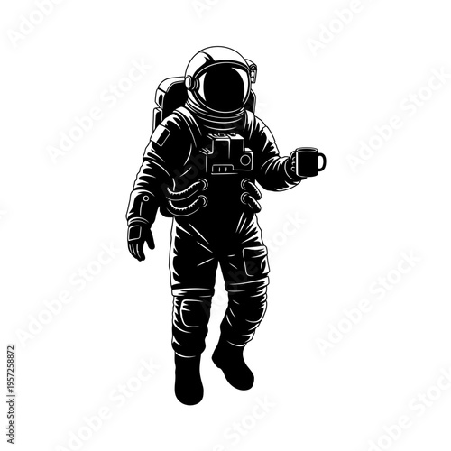 Astronaut in Spacesuit Holding Coffee Cup in Zero Gravity.