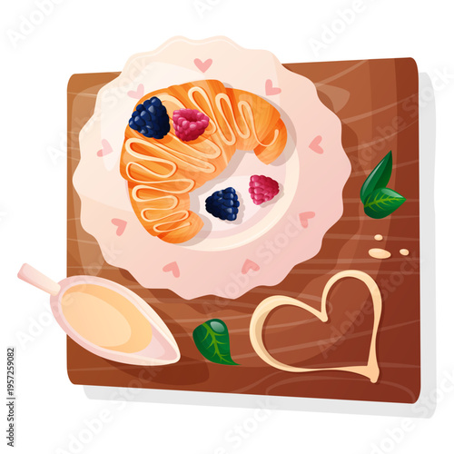 sweet, delicious croissant with chocolate, nuts, and fresh berries on a beautiful wooden stand. Top view, isolated on a white background. Breakfast, snack, puff pastry, pastry, bakery