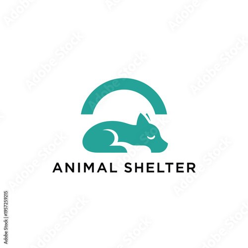 Animal shelter logo icon dog resting under roof simple design isolated on grey background