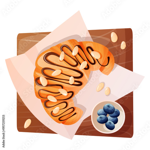 Delectable variety of French pastries and fresh fruits arranged on a white wooden cutting board, featuring classic croissants, pain au chocolat, almond croissants, and colorful fruit tarts.