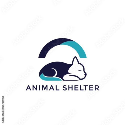 Animal shelter logo with sleeping pet silhouette under protective arch in dark blue teal