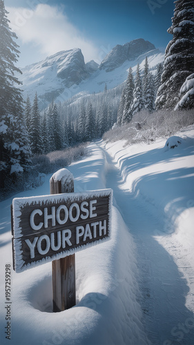 Snow Covered Wooden Sign Saying Choose Your Path on Snowy Winter Trail with Pine Trees and Mountain. Motivational Direction and Life Decision Concept.
