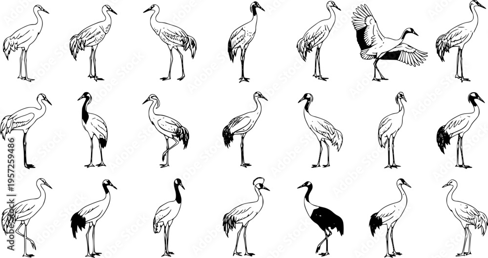 Naklejka premium Elegant Crane Sketches: Assorted Poses, Traditional Japanese Art Style
