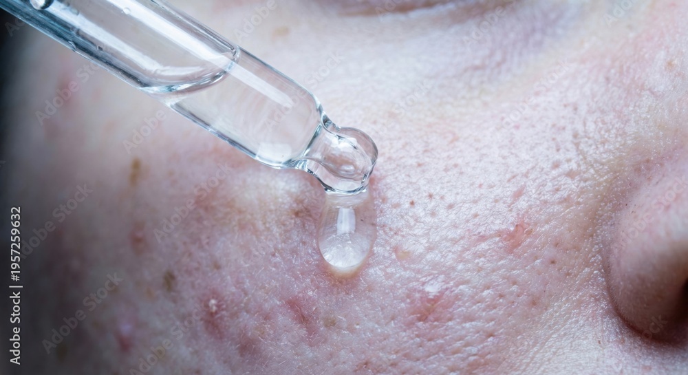 Fototapeta premium Serum dropper applying liquid to textured acne skin