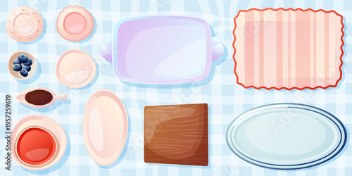 Empty ceramic bowls, plates, dishes for soup, garnish and salad, top view. Vector flat cartoon set of kitchen serving tableware, bright plastic or pottery utensil on kitchen or store shelf