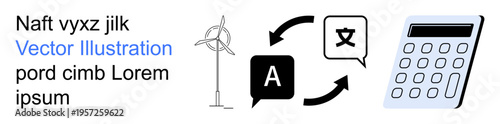 Renewable energy, global communication, educational tools, technological innovation, multilingual services, mathematical calculations. Wind turbine, language icons calculator. Renewable energy