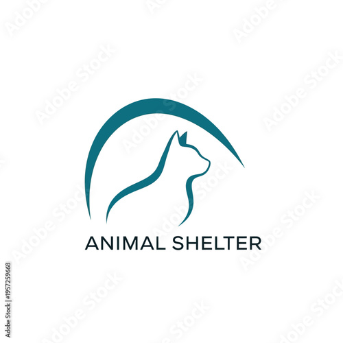 Animal shelter logo with cat silhouette and abstract arch for pet care.