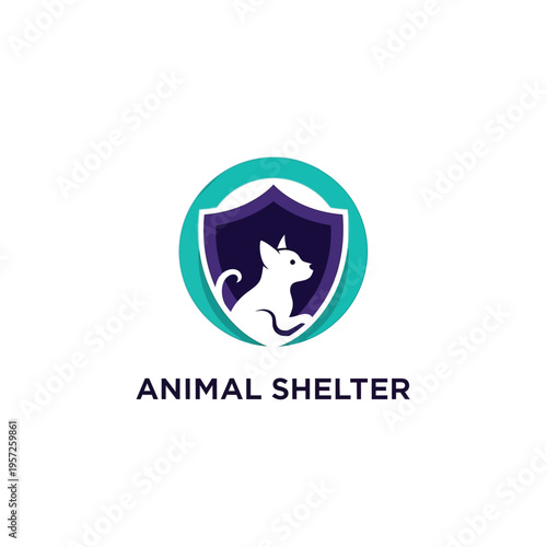Animal shelter logo with shield and cat silhouette in teal and purple.