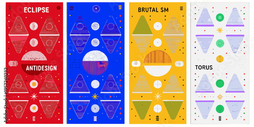 Four abstract geometric vertical panels with text elements