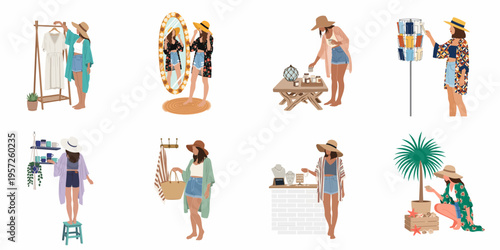 Flat vector collection of a stylish young woman shopping for clothes, souvenirs, and accessories during a summer vacation or beach holiday.