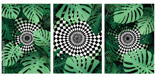 Tropical monstera leaves framing an optical illusion checkerboard pattern
