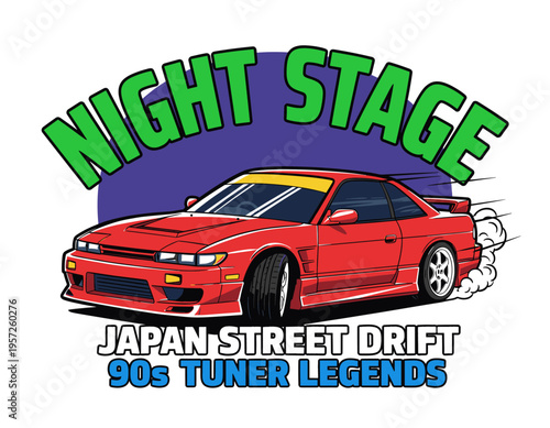 Sport car print design for t shirt.. Japan street drift artwork.. 90s tuner legends graphic.. Night stage racing poster.. Extreme speed car design.