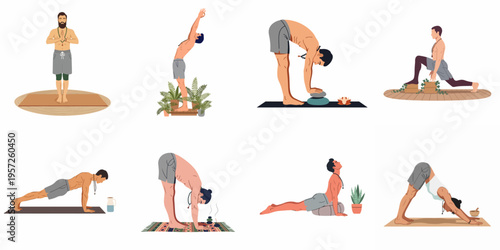 Set of flat illustrations featuring a man performing various Surya Namaskar yoga poses, including Sun Salutation sequences for health and wellness.