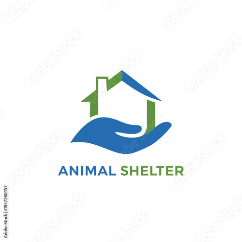 Blue and green modern animal shelter logo with hand and house silhouette on grid backdrop