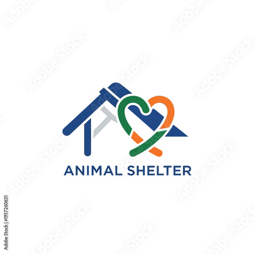 Colorful abstract heart and house roof logo for animal shelter on transparent background