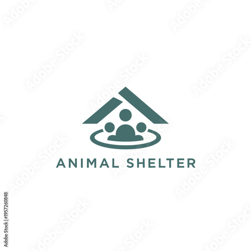 Teal animal shelter logo with house roof covering family and pet icons on gray background