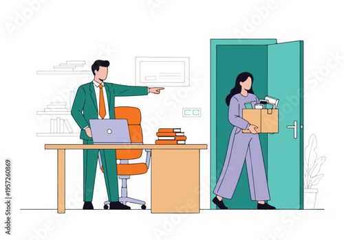 Boss firing employee, woman leaving office with box of personal belongings