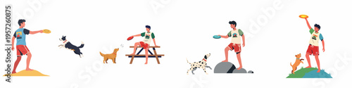 A collection of flat vector illustrations depicting a young man playing with and training different dogs using a frisbee in various outdoor settings.
