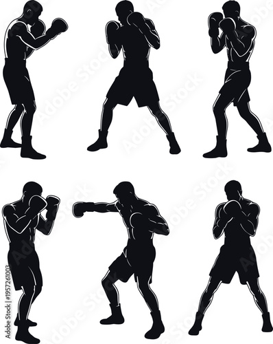 Set of Professional Boxer Silhouettes in Various Fighting Poses Punching and Defending for Sports Training Fitness Club and Martial Arts Design Isolated on White Background