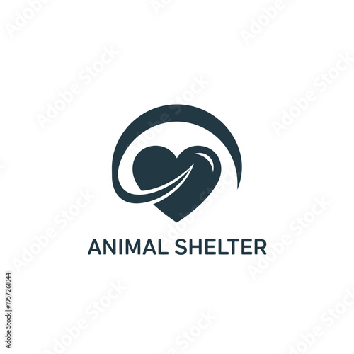 Animal shelter logo design with heart and swoosh icon in dark blue for pet care service