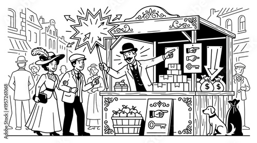 Vintage Vendor Selling Keys on a Busy Street