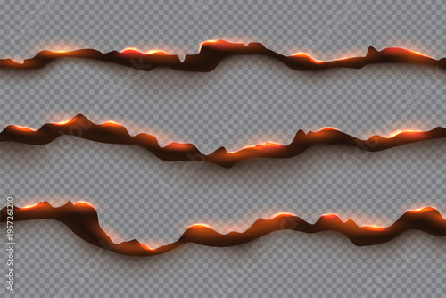 Paper burn fire background with torn edge and glowing embers. Paper fire effect on transparent backdrop, dark charred texture, orange heat glow. Realistic burning vector illustration.