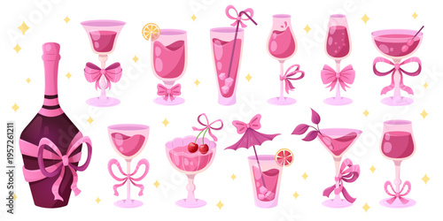 Cocktail set with elegant coquette bow decorations and cherry garnish. Vintage illustration of champagne, wine glasses and bottle designs for party invitations and bachelorette celebration menus.